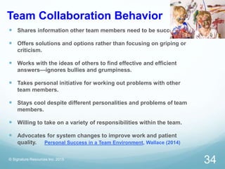 Team Collaboration Behavior
 Shares information other team members need to be successful.
 Offers solutions and options rather than focusing on griping or
criticism.
 Works with the ideas of others to find effective and efficient
answers—ignores bullies and grumpiness.
 Takes personal initiative for working out problems with other
team members.
 Stays cool despite different personalities and problems of team
members.
 Willing to take on a variety of responsibilities within the team.
 Advocates for system changes to improve work and patient
quality. Personal Success in a Team Environment, Wallace (2014)
© Signature Resources Inc. 2015
34
 