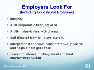 Employers Look For
(Including Educational Programs)
 Integrity.
 Alert corporate citizen, steward.
 Agility / nimblenes...