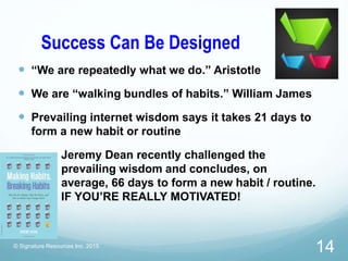 Success Can Be Designed
 “We are repeatedly what we do.” Aristotle
 We are “walking bundles of habits.” William James
 Prevailing internet wisdom says it takes 21 days to
form a new habit or routine
Jeremy Dean recently challenged the
prevailing wisdom and concludes, on
average, 66 days to form a new habit / routine.
IF YOU’RE REALLY MOTIVATED!
© Signature Resources Inc. 2015
14
 