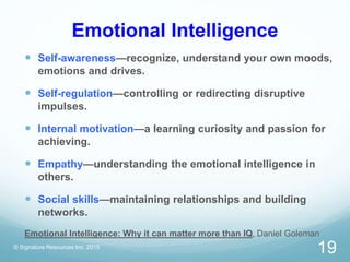 Emotional Intelligence
 Self-awareness—recognize, understand your own moods,
emotions and drives.
 Self-regulation—controlling or redirecting disruptive
impulses.
 Internal motivation—a learning curiosity and passion for
achieving.
 Empathy—understanding the emotional intelligence in
others.
 Social skills—maintaining relationships and building
networks.
Emotional Intelligence: Why it can matter more than IQ, Daniel Goleman
© Signature Resources Inc. 2015
19
 
