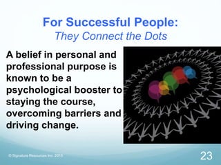 For Successful People:
They Connect the Dots
© Signature Resources Inc. 2015
23
A belief in personal and
professional purpose is
known to be a
psychological booster to
staying the course,
overcoming barriers and
driving change.
 
