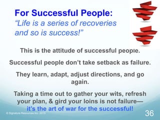 For Successful People:
“Life is a series of recoveries
and so is success!”
© Signature Resources Inc. 2015
36
This is the attitude of successful people.
Successful people don’t take setback as failure.
They learn, adapt, adjust directions, and go
again.
Taking a time out to gather your wits, refresh
your plan, & gird your loins is not failure—
it’s the art of war for the successful!
 