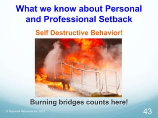 What we know about Personal
and Professional Setback
Self Destructive Behavior!
© Signature Resources Inc. 2015
43
Burning bridges counts here!
 