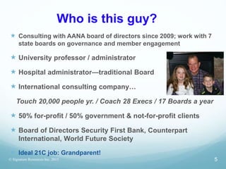 Who is this guy?
 Consulting with AANA board of directors since 2009; work with 7
state boards on governance and member engagement
 University professor / administrator
 Hospital administrator—traditional Board
 International consulting company…
Touch 20,000 people yr. / Coach 28 Execs / 17 Boards a year
 50% for-profit / 50% government & not-for-profit clients
 Board of Directors Security First Bank, Counterpart
International, World Future Society
 Ideal 21C job: Grandparent!
© Signature Resources Inc. 2015 5
 
