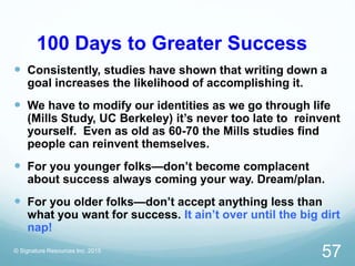 100 Days to Greater Success
 Consistently, studies have shown that writing down a
goal increases the likelihood of accomplishing it.
 We have to modify our identities as we go through life
(Mills Study, UC Berkeley) it’s never too late to reinvent
yourself. Even as old as 60-70 the Mills studies find
people can reinvent themselves.
 For you younger folks—don’t become complacent
about success always coming your way. Dream/plan.
 For you older folks—don’t accept anything less than
what you want for success. It ain’t over until the big dirt
nap!
© Signature Resources Inc. 2015
57
 