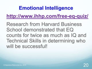 Emotional Intelligence
http://www.ihhp.com/free-eq-quiz/
Research from Harvard Business
School demonstrated that EQ
counts...