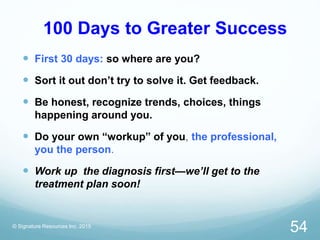 100 Days to Greater Success
 First 30 days: so where are you?
 Sort it out don’t try to solve it. Get feedback.
 Be hon...