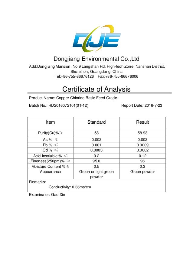 Coa of basic copper chloride feed grade