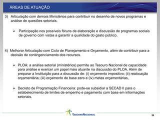 ÁREAS DE ATUAÇÃO

3) Articulação com demais Ministérios para contribuir no desenho de novos programas e
   análise de questões setoriais.

     Participação nos possíveis fóruns de elaboração e discussão de programas sociais
      de governo com vistas a garantir a qualidade do gasto público.



4) Melhorar Articulação com Ciclo de Planejamento e Orçamento, além de contribuir para a
   decisão de contingenciamento dos recursos.

     PLOA: a análise setorial (ministérios) permite ao Tesouro Nacional de capacidade
      para análise e exercer um papel mais atuante na discussão do PLOA. Além de
      preparar a Instituição para a discussão de: (i) orçamento impositivo; (ii) realocação
      orçamentária; (iii) orçamento de base zero e (iv) metas orçamentárias,

     Decreto de Programação Financeira: pode-se subsidiar a SECAD II para o
      estabelecimento de limites de empenho e pagamento com base em informações
      setoriais.




                                                                                              36
 
