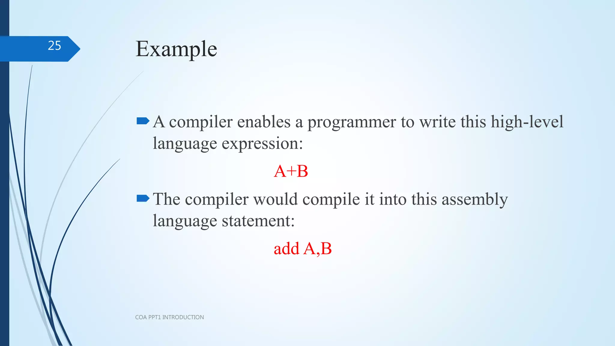 Example
A compiler enables a programmer to write this high-level
language expression:
A+B
The compiler would compile it into this assembly
language statement:
add A,B
COA PPT1 INTRODUCTION
25
 