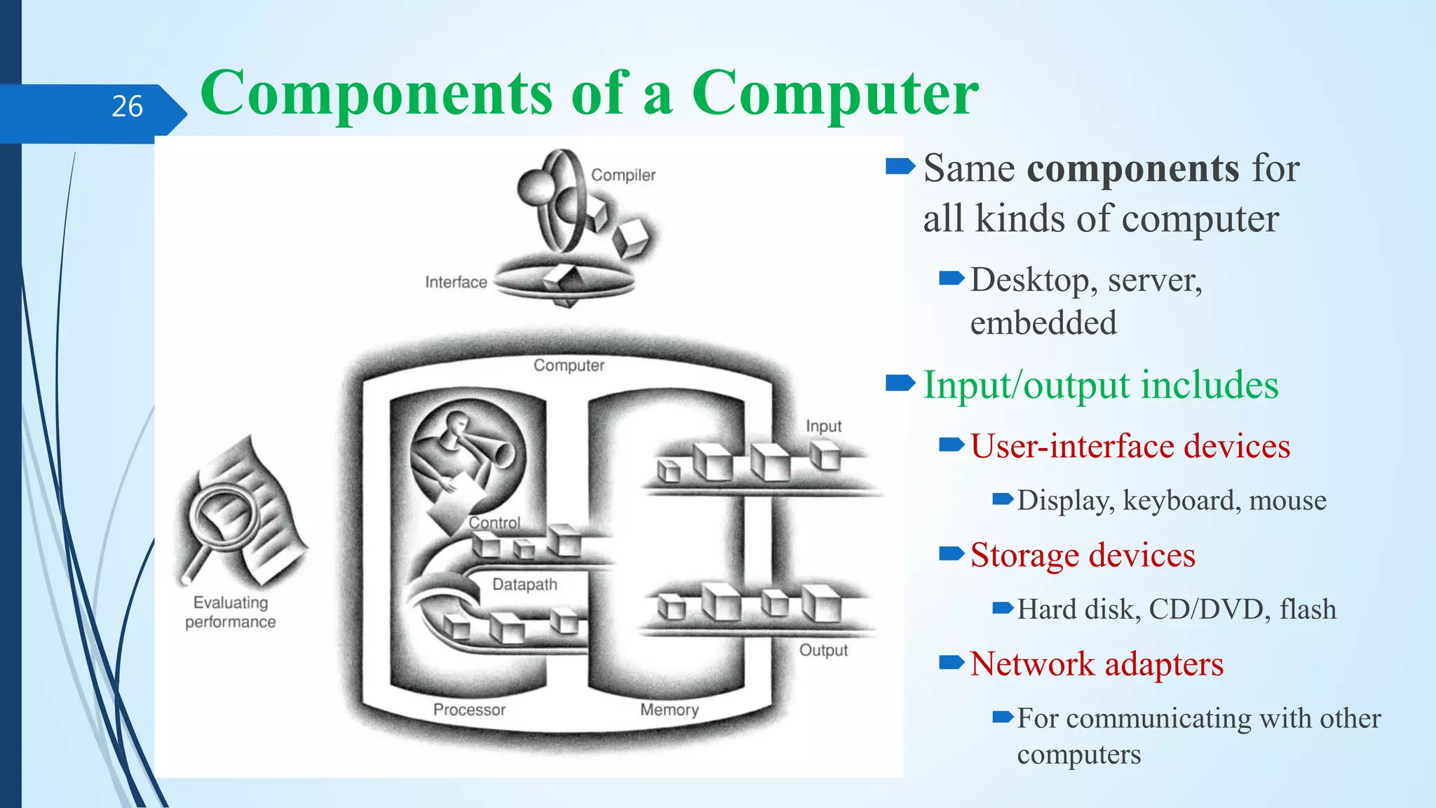 Components of a Computer
COA PPT1 INTRODUCTION
26
Same components for
all kinds of computer
Desktop, server,
embedded
Input/output includes
User-interface devices
Display, keyboard, mouse
Storage devices
Hard disk, CD/DVD, flash
Network adapters
For communicating with other
computers
 