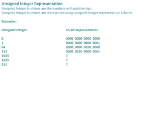 Unsigned Integer Representation
Unsigned Integer Numbers are the numbers with positive sign.
Unsigned Integer Numbers are ...