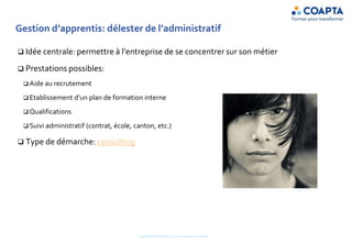 Gestion d’apprentis: délester de l’administratif
 Idée centrale: permettre à l’entreprise de se concentrer sur son métier
 Prestations possibles:
 Aide au recrutement
 Etablissement d’un plan de formation interne
 Qualifications
 Suivi administratif (contrat, école, canton, etc.)
 Type de démarche: consulting
Copyright COAPTA Sàrl 2015 Toute reproduction interdite
 