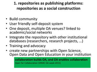 1. repositories as publishing platforms:
repositories as a social construction
• Build community
• User friendly self-deposit system
• One deposit, multiple OA venues? linked to
academic/social networks
• Integrate the repository with other institutional
databases (researchers, research projects, …)
• Training and advocacy
• create new partnerships with Open Science,
Open Data and Open Education in your institution
collaboration builds OA, and OA enables collaboration
Open for Collaboration (SPARC OA week 2015)
 