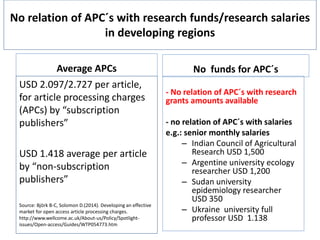 No relation of APC´s with research funds/research salaries
in developing regions
Average APCs
USD 2.097/2.727 per article,
for article processing charges
(APCs) by “subscription
publishers”
USD 1.418 average per article
by “non-subscription
publishers”
Source: Björk B-C, Solomon D.(2014). Developing an effective
market for open access article processing charges.
http://www.wellcome.ac.uk/About-us/Policy/Spotlight-
issues/Open-access/Guides/WTP054773.htm
No funds for APC´s
- No relation of APC´s with research
grants amounts available
- no relation of APC´s with salaries
e.g.: senior monthly salaries
– Indian Council of Agricultural
Research USD 1,500
– Argentine university ecology
researcher USD 1,200
– Sudan university
epidemiology researcher
USD 350
– Ukraine university full
professor USD 1.138
 