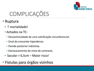 COMPLICAÇÕES
• Ruptura
•  mortalidade!
• Achados na TC:
• Descontinuidade de uma calcificação circunferencial.
• Sinal do crescente hiperdenso.
• Parede posterior indistinta.
• Extravasamento do meio de contraste.
• Sacular > 6,5cm – Maior risco!
• Fístulas para órgãos vizinhos
 