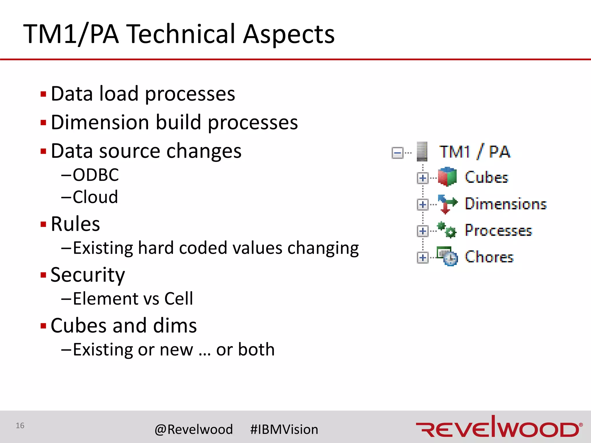16
@Revelwood #IBMVision
Learning the new structure
▪Do not underestimate the importance of this
–Or the amount of time it will take!
▪Project team
–New COA definitions
–New cubes
–New business processes
▪End users
–Train-the-trainer sessions
–Web based documentation
–Instructions directly on the input templates
 