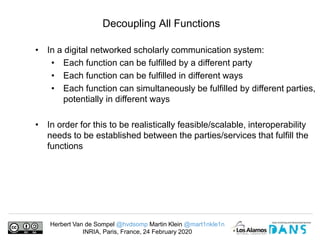 Herbert Van de Sompel @hvdsomp Martin Klein @mart1nkle1n
INRIA, Paris, France, 24 February 2020
Decoupling All Functions
• In a digital networked scholarly communication system:
• Each function can be fulfilled by a different party
• Each function can be fulfilled in different ways
• Each function can simultaneously be fulfilled by different parties,
potentially in different ways
• In order for this to be realistically feasible/scalable, interoperability
needs to be established between the parties/services that fulfill the
functions
 