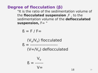 1818
Degree of flocculation (β)
"It is the ratio of the sedimentation volume of
the flocculated suspension ,F , to the
sedimentation volume of the deflocculated
suspension, F∞ "
ß = F / F∞
(Vu/Vo) flocculated
ß = --------------------
(V∞/Vo) deflocculated
Vu
ß = ------
V∞
 