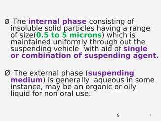 9
Ø The internal phase consisting of
insoluble solid particles having a range
of size(0.5 to 5 microns) which is
maintained uniformly through out the
suspending vehicle with aid of single
or combination of suspending agent.
Ø The external phase (suspending
medium) is generally aqueous in some
instance, may be an organic or oily
liquid for non oral use.
9
 
