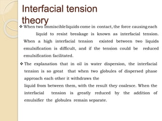 Interfacial tension
theory
 When two immiscibleliquids come in contact, the force causing each
liquid to resist breakage is known as interfacial tension.
When a high interfacial tension existed between two liquids
emulsification is difficult, and if the tension could be reduced
emulsification facilitated.
 The explanation that in oil in water dispersion, the interfacial
tension is so great that when two globules of dispersed phase
approach each other it withdraws the
liquid from between them, with the result they coalesce. When the
interfacial tension is greatly reduced by the addition of
emulsifier the globules remain separate.
 
