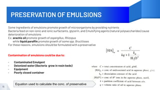 PRESERVATION OF EMULSIONS
15
Some ingredients of emulsions promote growth of microorganisms by providing nutrients
Bacteria feed on non-ionic and ionic surfactants, glycerin, and Emulsifying agents (natural polysaccharides) cause
deterioration of emulsions
Ex: arachis oil promote growth of aspergillus, Rhizopus
while liquid paraffin promote growth of some spp. Brucitisses
For these reasons, emulsions should be formulated with a preservative
Contamination of emulsions could be due to:
· Contaminated Emulgent
· Deionized water (Bacteria grow in resin beds)
· Equipment
· Poorly closed container
Equation used to calculate the conc. of preservative
 