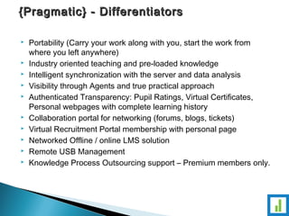 {Pragmatic} -- DDiiffffeerreennttiiaattoorrss 
 Portability (Carry your work along with you, start the work from 
where you left anywhere) 
 Industry oriented teaching and pre-loaded knowledge 
 Intelligent synchronization with the server and data analysis 
 Visibility through Agents and true practical approach 
 Authenticated Transparency: Pupil Ratings, Virtual Certificates, 
Personal webpages with complete learning history 
 Collaboration portal for networking (forums, blogs, tickets) 
 Virtual Recruitment Portal membership with personal page 
 Networked Offline / online LMS solution 
 Remote USB Management 
 Knowledge Process Outsourcing support – Premium members only. 
 