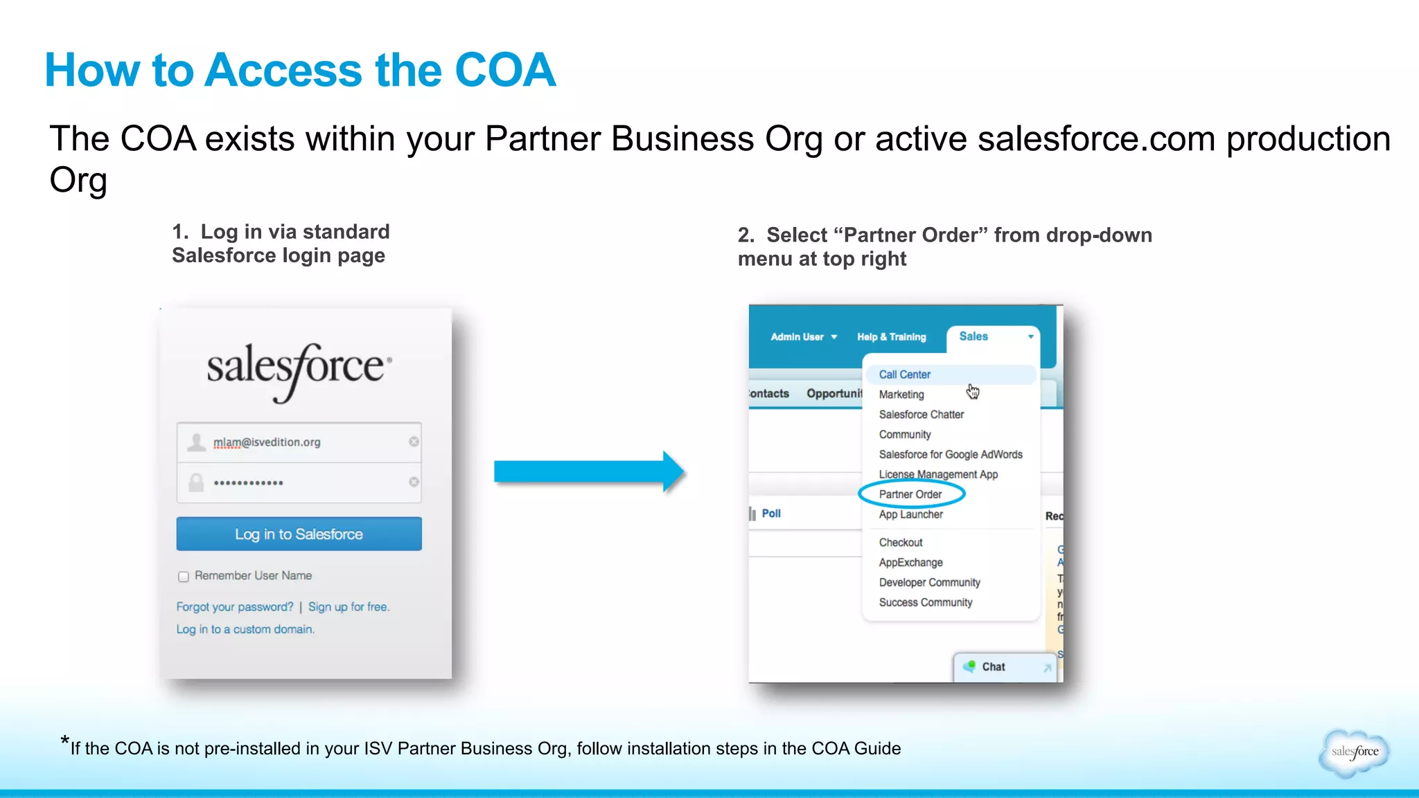 How to Access the COA 
The COA exists within your Partner Business Org or active salesforce.com production 
Org 
2. Select “Partner Order” from drop-down 
menu at top right 
1. Log in via standard 
Salesforce login page 
*If the COA is not pre-installed in your ISV Partner Business Org, follow installation steps in the COA Guide 
 