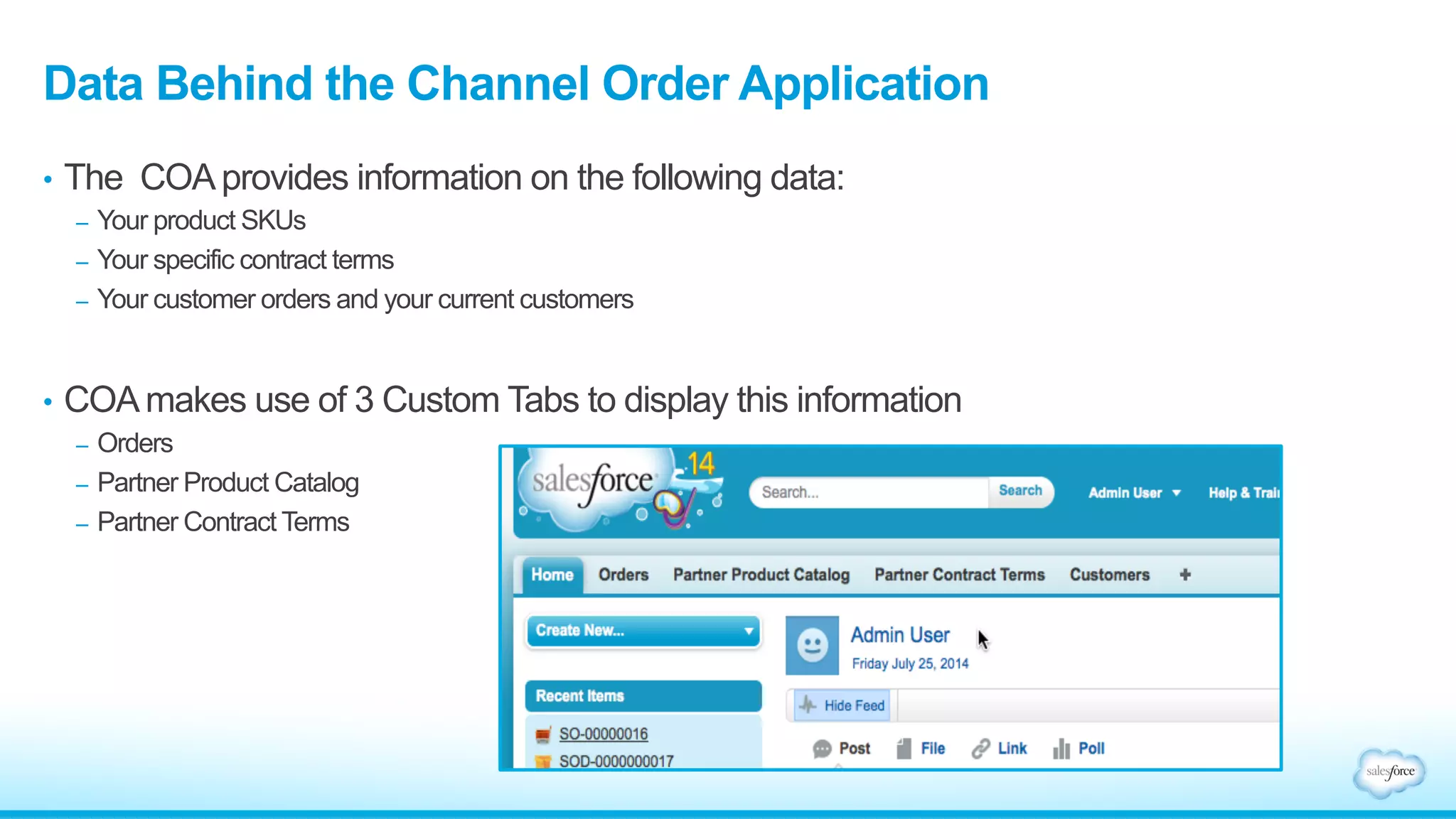 Data Behind the Channel Order Application 
• The COA provides information on the following data: 
– Your product SKUs 
– Your specific contract terms 
– Your customer orders and your current customers 
• COA makes use of 3 Custom Tabs to display this information 
– Orders 
– Partner Product Catalog 
– Partner Contract Terms 
 