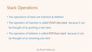 Stack Operations
• Two operations of stack are insertion & deletion
• The operation of insertion is called PUSH into stack because it can
be thought of as pushing a new item
• The operation of deletion is called POP from stack because it can
be thought of as removing one item
by Ruchi Maurya
 