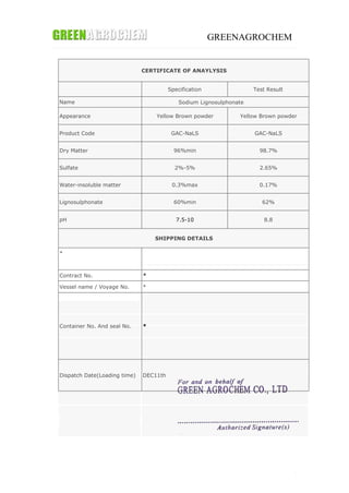 GREENAGROCHEM
CERTIFICATE OF ANAYLYSIS
Specification Test Result
Name Sodium Lignosulphonate
Appearance Yellow Brown powder Yellow Brown powder
Product Code GAC-NaLS GAC-NaLS
Dry Matter 96%min 98.7%
Sulfate 2%-5% 2.65%
Water-insoluble matter 0.3%max 0.17%
Lignosulphonate 60%min 62%
pH 7.5-10 8.8
SHIPPING DETAILS
*
Contract No. *
Vessel name / Voyage No. *
Container No. And seal No. *
Dispatch Date(Loading time) DEC11th
 