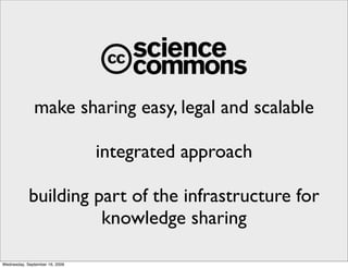 make sharing easy, legal and scalable

                                integrated approach

            building part of the infrastructure for
                      knowledge sharing

Wednesday, September 16, 2009
 