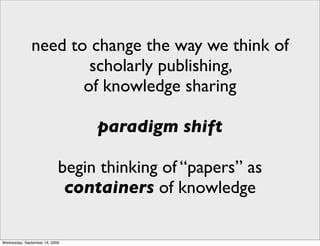 need to change the way we think of
                      scholarly publishing,
                     of knowledge sharing

                                 paradigm shift

                            begin thinking of “papers” as
                             containers of knowledge

Wednesday, September 16, 2009
 