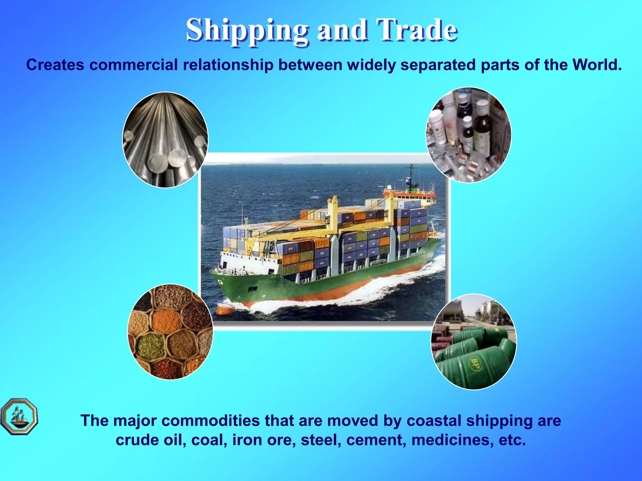 Shipping and Trade
Creates commercial relationship between widely separated parts of the World.
The major commodities that are moved by coastal shipping are
crude oil, coal, iron ore, steel, cement, medicines, etc.
 