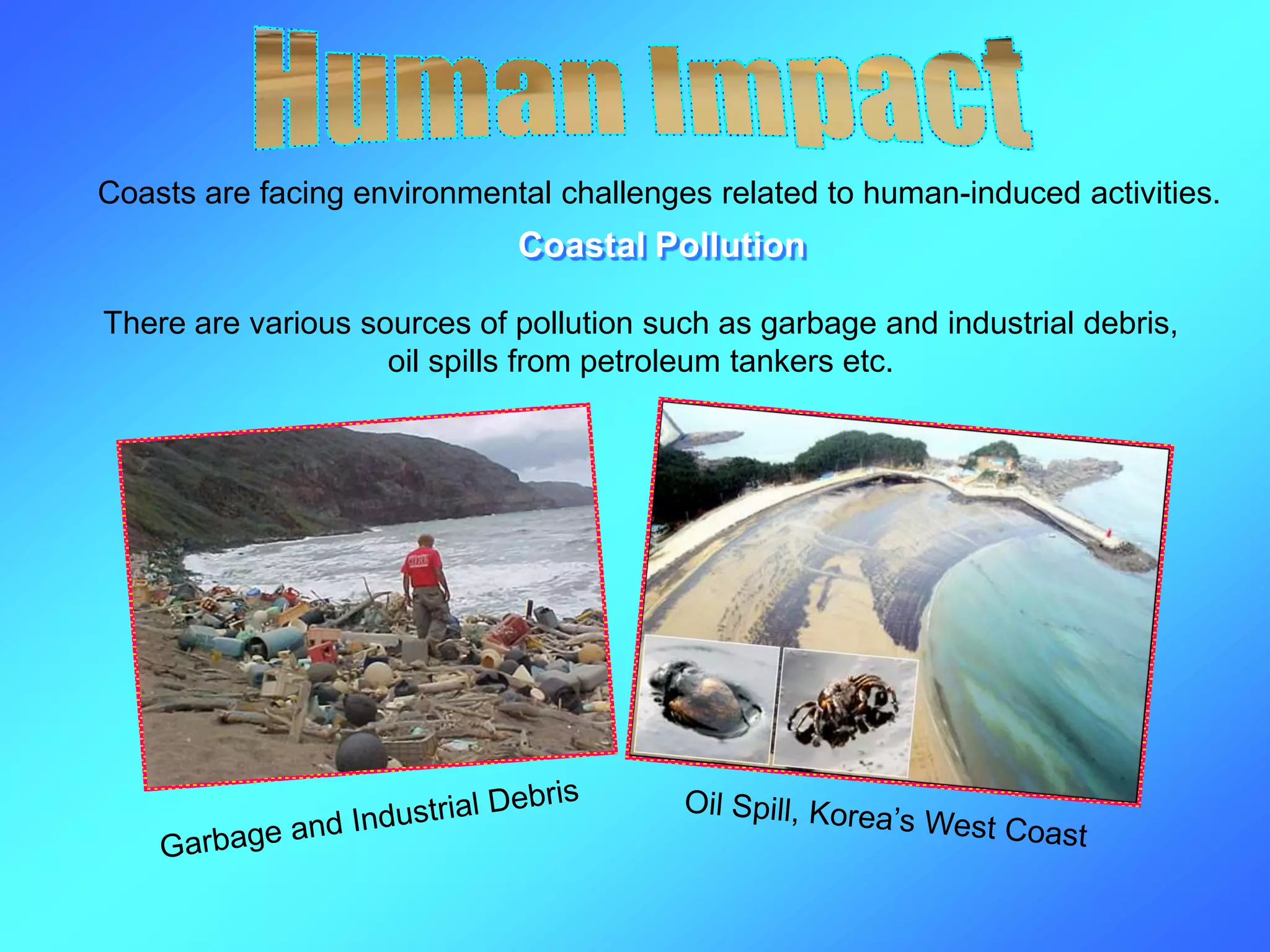 Coasts are facing environmental challenges related to human-induced activities.
There are various sources of pollution such as garbage and industrial debris,
oil spills from petroleum tankers etc.
Coastal Pollution
 