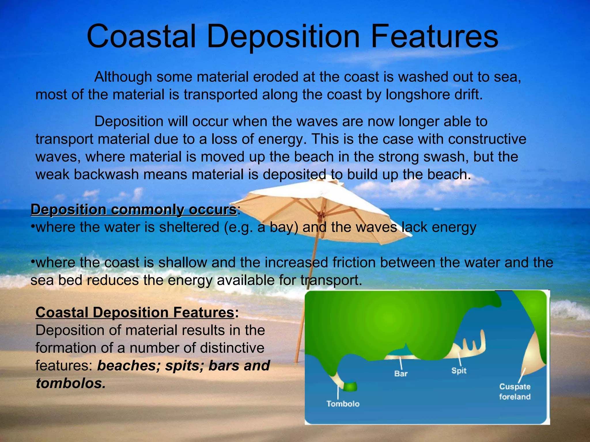 Coastal Deposition Features Although some material eroded at the coast is washed out to sea, most of the material is transported along the coast by longshore drift.  Deposition will occur when the waves are now longer able to transport material due to a loss of energy. This is the case with constructive waves, where material is moved up the beach in the strong swash, but the weak backwash means material is deposited to build up the beach. Deposition commonly occurs : where the water is sheltered (e.g. a bay) and the waves lack energy where the coast is shallow and the increased friction between the water and the sea bed reduces the energy available for transport.  Coastal Deposition Features : Deposition of material results in the formation of a number of distinctive features:  beaches; spits; bars and tombolos. 
