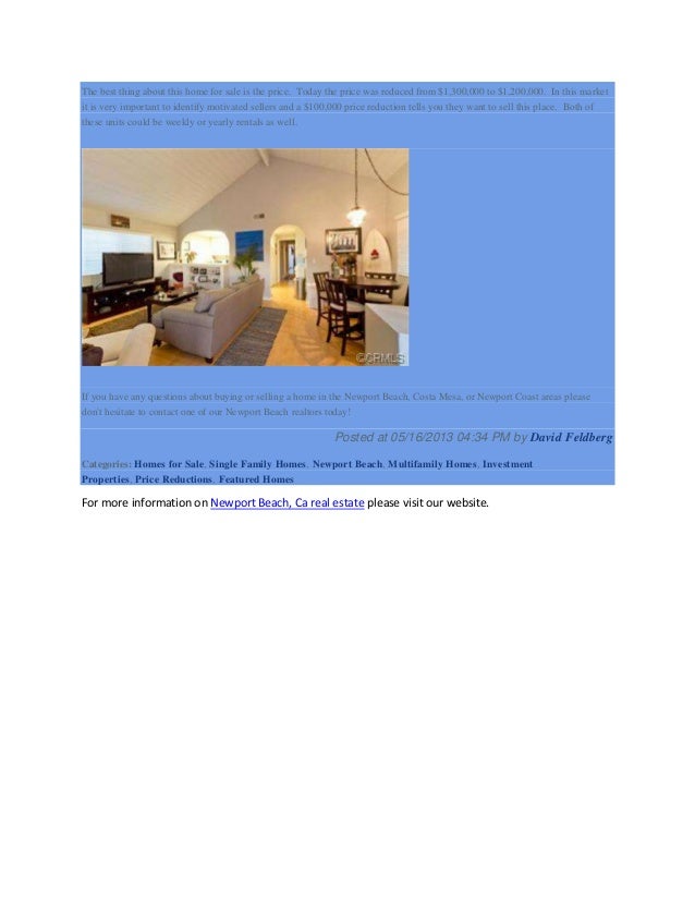 Coastal Real Estate Group Large Price Reduction on Newport Beach Duplex