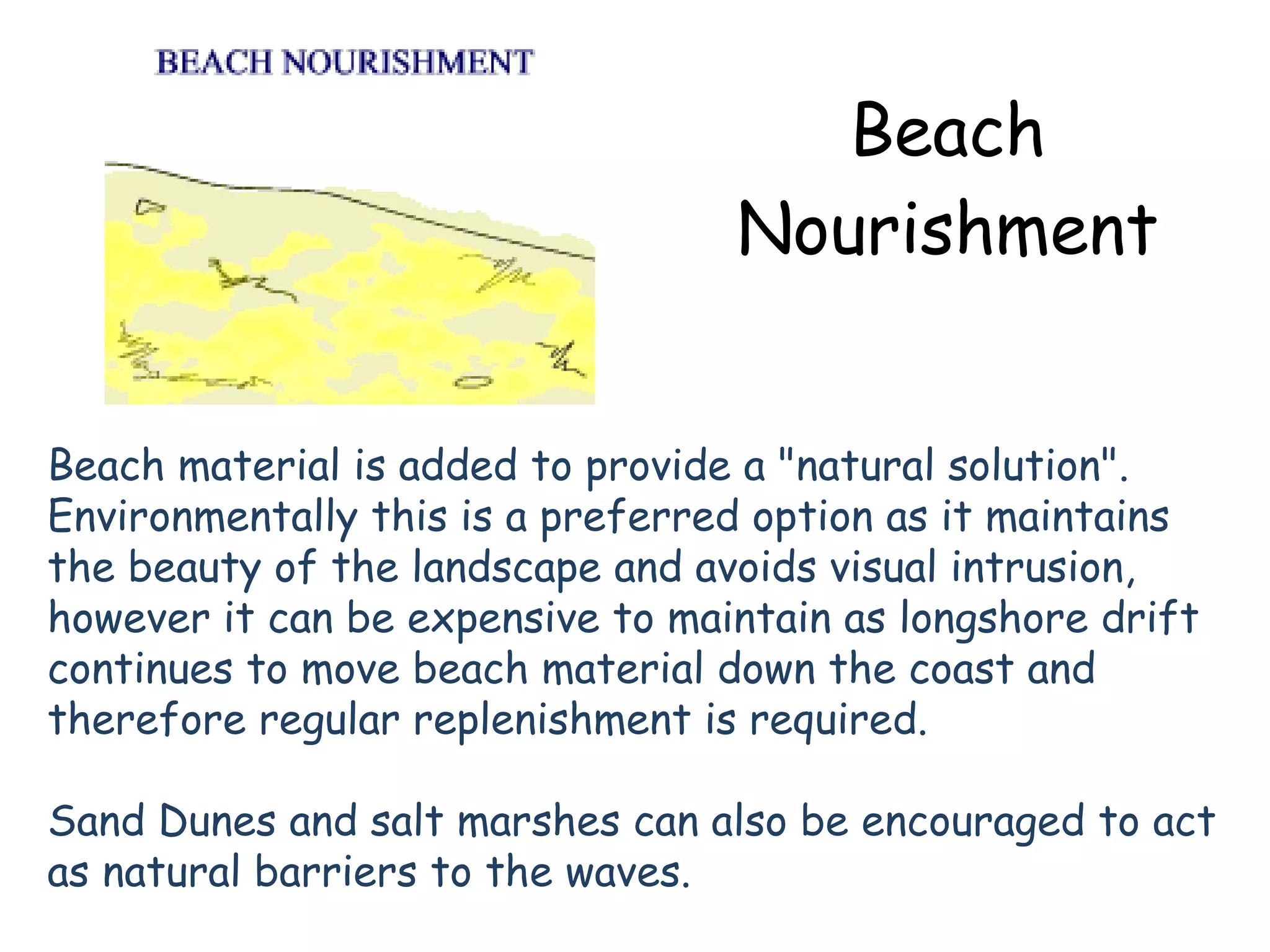 Beach Nourishment Beach material is added to provide a &quot;natural solution&quot;. Environmentally this is a preferred option as it maintains the beauty of the landscape and avoids visual intrusion, however it can be expensive to maintain as longshore drift continues to move beach material down the coast and therefore regular replenishment is required. Sand Dunes and salt marshes can also be encouraged to act as natural barriers to the waves.   