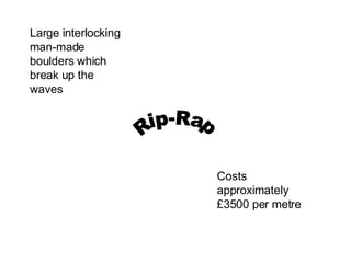 Rip-Rap Large interlocking man-made boulders which break up the waves Costs approximately   £3500 per metre  