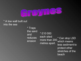 Groynes * A low wall built out into the sea * Traps the sand and reduces erosion * £10 000 each sited more than 200 metres apart. * Can stop LSD which means less sediment to protect other stretches of the beach