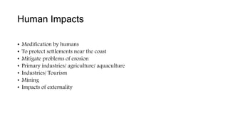 Human Impacts
• Modification by humans
• To protect settlements near the coast
• Mitigate problems of erosion
• Primary industries/ agriculture/ aquaculture
• Industries/ Tourism
• Mining
• Impacts of externality
 