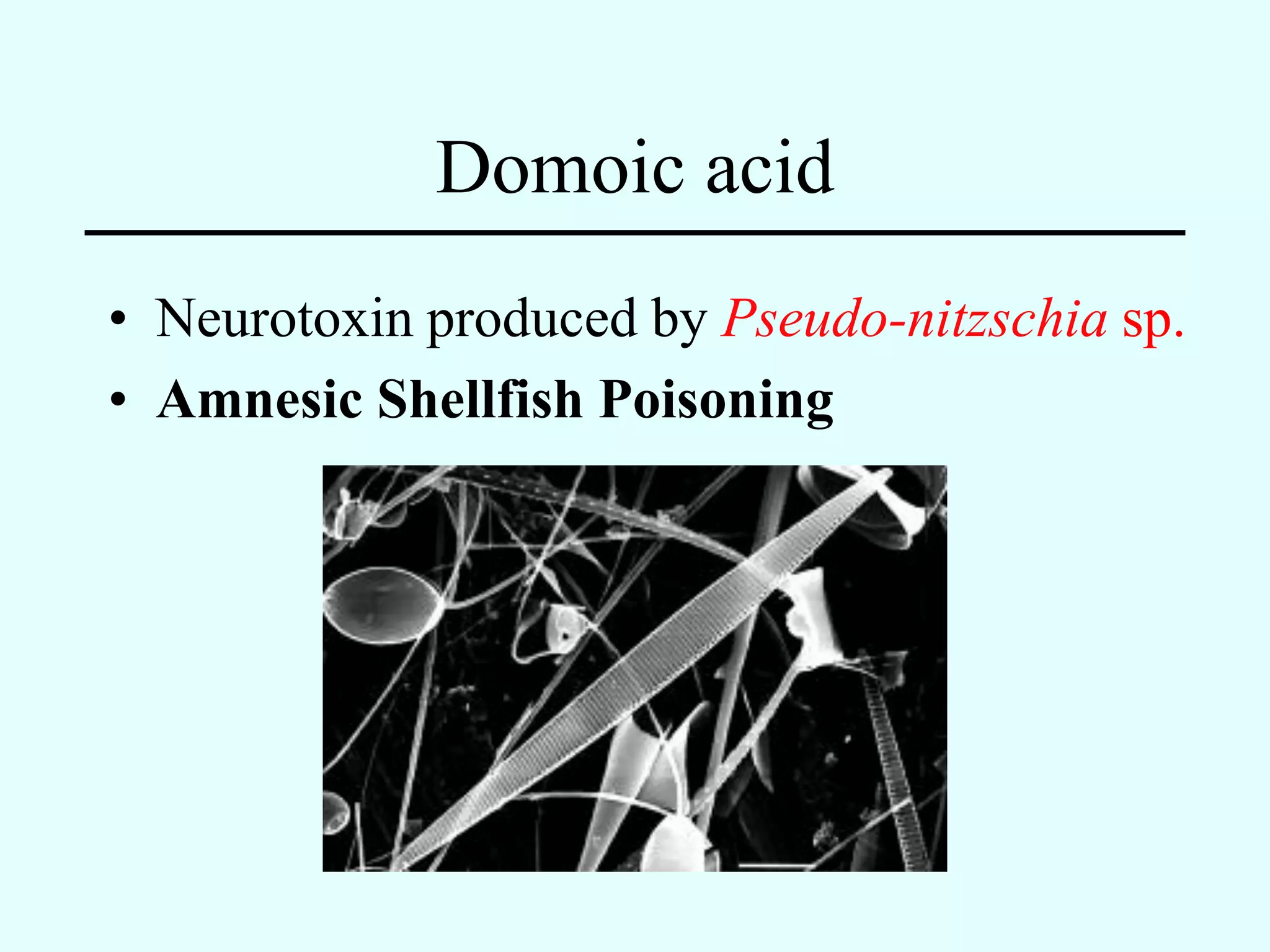 Domoic acid
• Neurotoxin produced by Pseudo-nitzschia sp.
• Amnesic Shellfish Poisoning
 