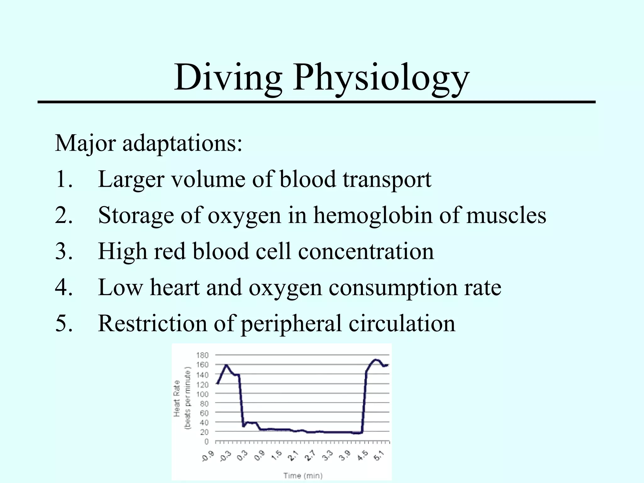 Diving Physiology
Major adaptations:
1. Larger volume of blood transport
2. Storage of oxygen in hemoglobin of muscles
3. High red blood cell concentration
4. Low heart and oxygen consumption rate
5. Restriction of peripheral circulation
 