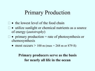 Primary Production
 the lowest level of the food chain
 utilize sunlight or chemical nutrients as a source
 of energy ...