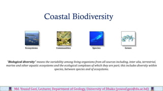Coastal Biodiversity
Md. Yousuf Gazi, Lecturer, Department of Geology, University of Dhaka (yousuf.geo@du.ac.bd)
"Biological diversity" means the variability among living organisms from all sources including, inter alia, terrestrial,
marine and other aquatic ecosystems and the ecological complexes of which they are part; this includes diversity within
species, between species and of ecosystems.
Ecosystems Communities Species Genes
 