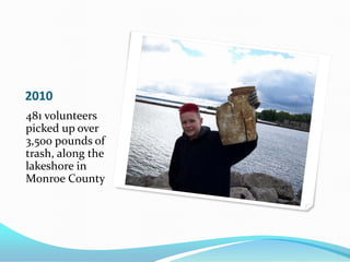 2010
481 volunteers
picked up over
3,500 pounds of
trash, along the
lakeshore in
Monroe County
 
