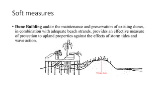 Soft measures
• Dune Building and/or the maintenance and preservation of existing dunes,
in combination with adequate beach strands, provides an effective measure
of protection to upland properties against the effects of storm tides and
wave action.
 