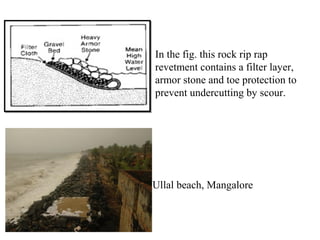 In the fig. this rock rip rap
revetment contains a filter layer,
armor stone and toe protection to
prevent undercutting by scour.
Ullal beach, Mangalore
 