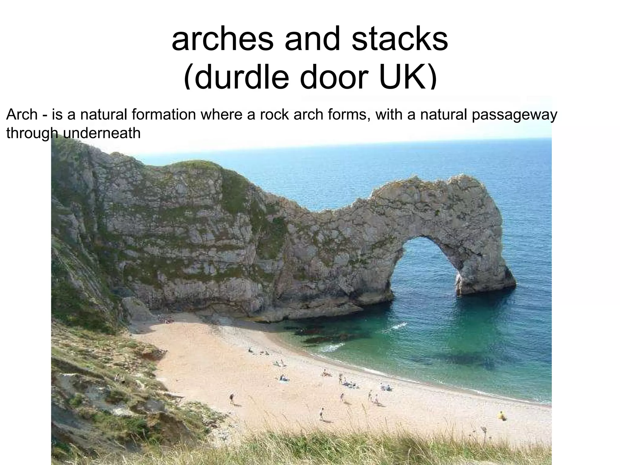 arches and stacks (durdle door  UK) Arch -  is a natural formation where a rock arch forms, with a natural passageway through underneath 