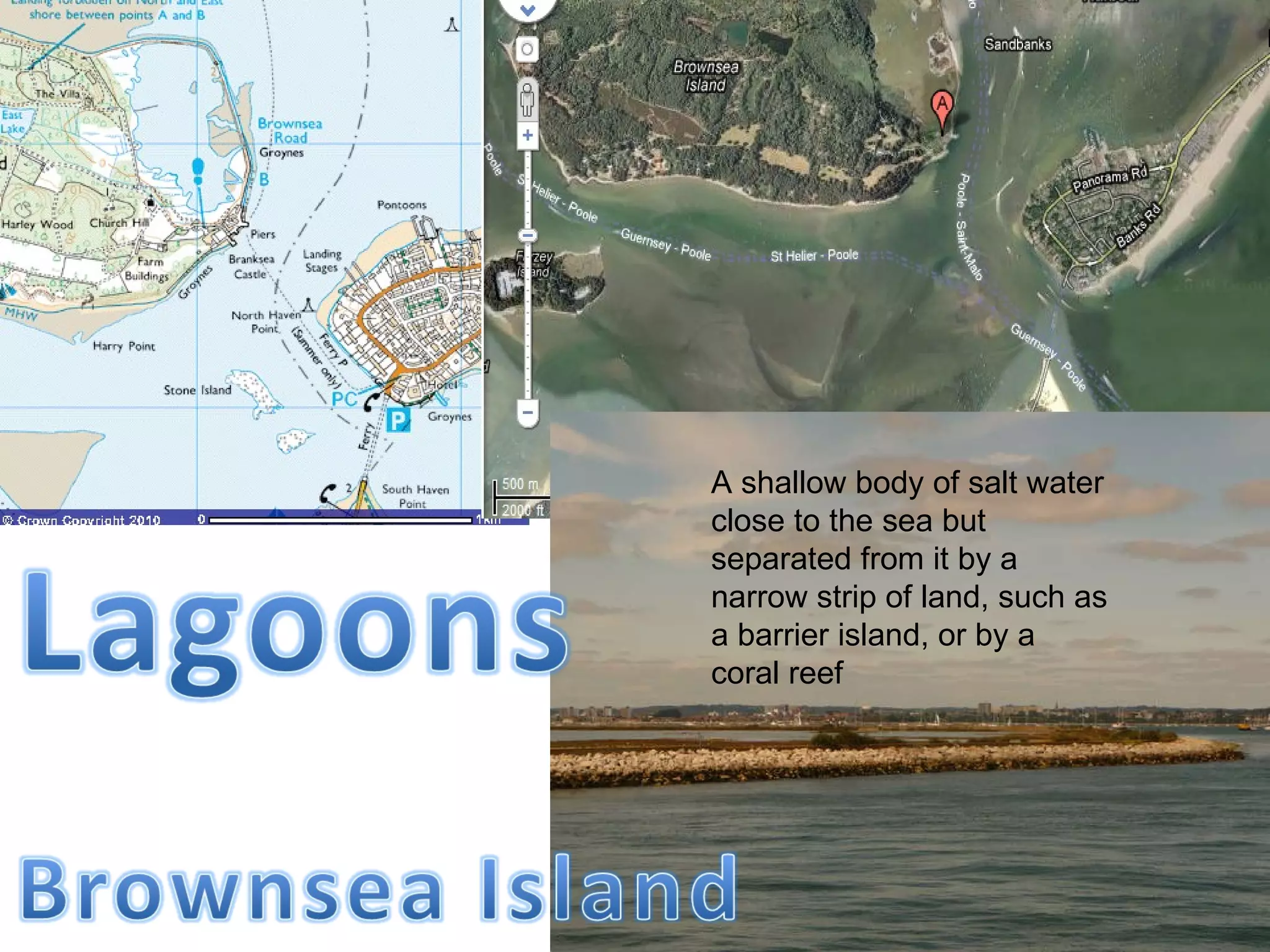 A shallow body of salt water close to the sea but separated from it by a narrow strip of land, such as a barrier island, or by a coral reef  